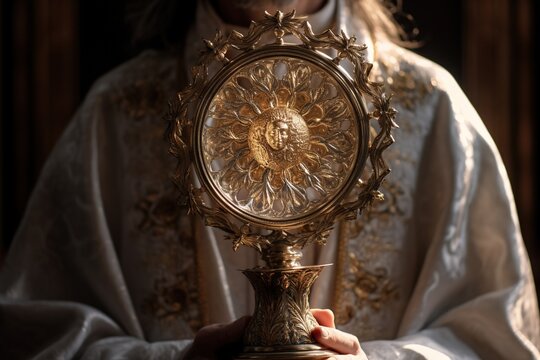 Eucharist Feast of Corpus Christi. Jesus Christ in the monstrance present in the Sacrament of the Eucharist. holy grail, bronze and gold cup with christian and religious cross. Jesus Christ.