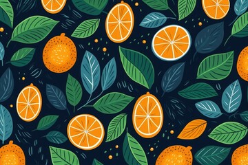 Orange And Leaf Pattern On blue Background , Generative Ai