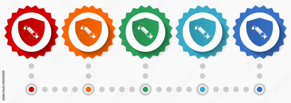 Poster vaccine shield concept vector icon set, colorful infographic template, set of flat design badge icon