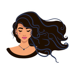 Beautiful woman with long wavy hair flowing in the wind.sensual portrait with red lips. Hand drawing. Hair salon concept. vector illustration isolated. Glamour Fashion concept.