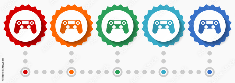 Aufkleber Wireless gaming controller, gamepad vector icon set, colorful infographic template, set of flat design badge icons in 5 color options