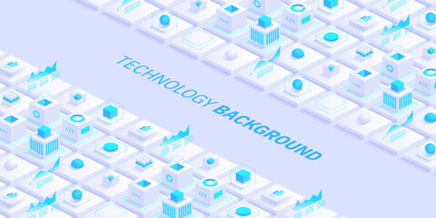 Technology background. Isometric horizontal vector template design for banner, cover, and header. Futuristic infographics aesthetic design. Visual information complexity. Intricate data threads plot.