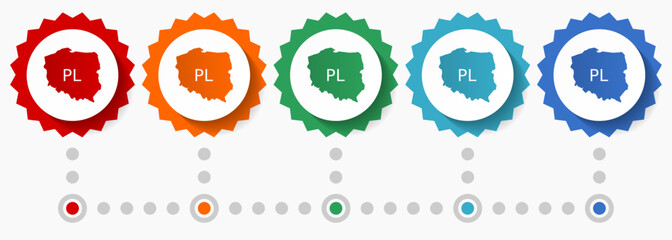 Map of Poland vector icon set, colorful infographic template, set of flat design badge icons in 5 color options