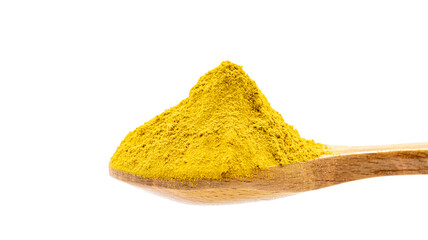 Powdered curry on wooden spoon. Pile of curry powder isolated on white background. close up