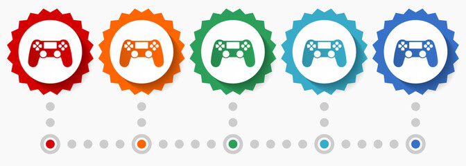 Wireless gaming controller, gamepad vector icon set, colorful infographic template, set of flat design badge icons in 5 color options