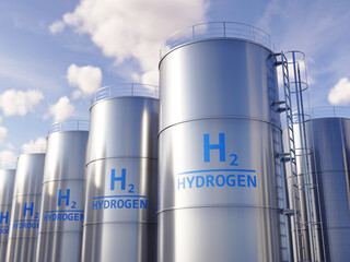Modern hydrogen tanks storage for renewable energy - Hydrogen renewable energy production for solar and windturbine facility. 3d rendering