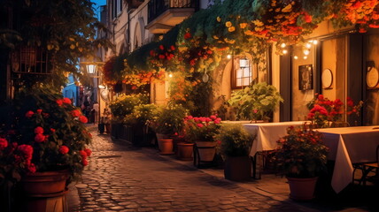 Fototapeta na wymiar summer city street cafe in Europe ,Italy,Spain,Greece and Baltic Countryes ,medieval town ,people walk,day and evening life ,candles blurred light,cup of coffee on Table,style,generated ai