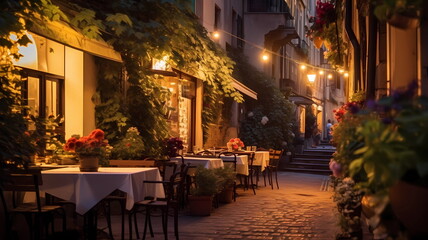 Fototapeta premium summer city street cafe in Europe ,Italy,Spain,Greece and Baltic Countryes ,medieval town ,people walk,day and evening life ,candles blurred light,cup of coffee on Table,style,generated ai