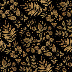 Golden art decoration illustration. Banner for decor, print, textile, wallpaper, interior design. cover background. Luxury seamless pattern with gold leaves.