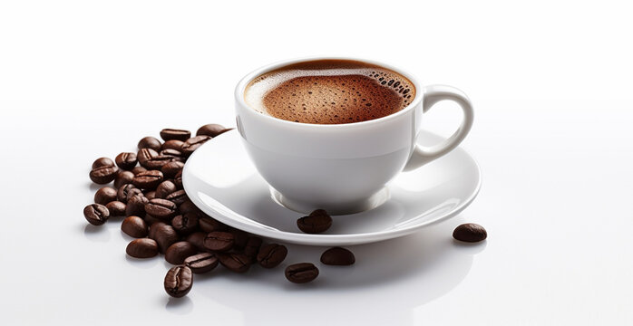 White cup of coffee with coffee beans on white background - AI generated image
