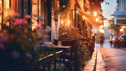 Obraz premium summer city street cafe in Europe ,Italy,Spain,Greece and Baltic Countryes ,medieval town ,people walk,day and evening life ,candles blurred light,cup of coffee on Table,style,generated ai