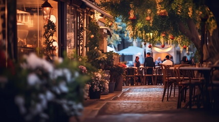 Obraz premium summer city street cafe in Europe ,Italy,Spain,Greece and Baltic Countryes ,medieval town ,people walk,day and evening life ,candles blurred light,cup of coffee on Table,style,generated ai