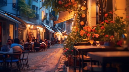 Fototapeta na wymiar summer city street cafe in Europe ,Italy,Spain,Greece and Baltic Countryes ,medieval town ,people walk,day and evening life ,candles blurred light,cup of coffee on Table,style,generated ai