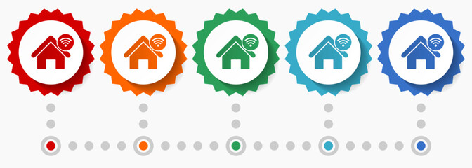 Internet, home, house vector icon set, colorful infographic template, set of flat design badge icons in 5 color options