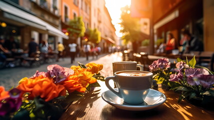 Fototapeta premium summer city street cafe in Europe ,Italy,Spain,Greece and Baltic Countryes ,medieval town ,people walk,day and evening life ,candles blurred light,cup of coffee on Table,style,generated ai