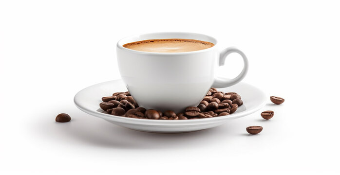 White cup of coffee with coffee beans on white background - AI generated image