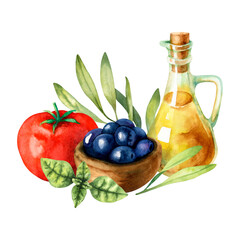 Watercolor illustration of vegetables, black olives, olive branch, olive oil in a glass bottle isolated on a white background.