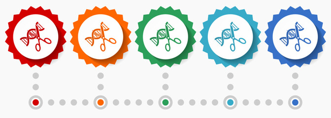 Dna, genetic modification vector icon set, colorful infographic template, set of flat design badge icons in 5 color options