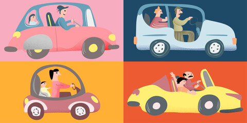 Naklejka premium Happy Family Summer Vacation Illustration with Car. Father and children. Dad and son or daughter. Vintage Retro Naive Style Mid Century Modern