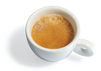 Hot Espresso coffee made from espresso machine capsule with foam shot from above in white porcelain cup  isolated on white.
