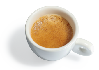 Hot Espresso coffee made from espresso machine capsule with foam shot from above in white porcelain cup  isolated on white.