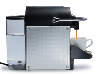 Home semi professional automatic coffee capsule metal machine side view pouring coffee into a cup for making coffee drinks on the bar at home isolated clipping path on white background with shadow.