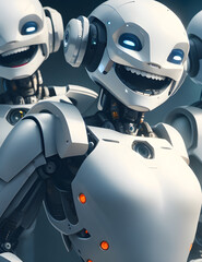 group of robotic beings smiling and laughing at the camera, Generative AI
