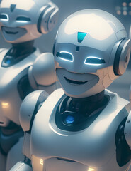 group of robotic beings smiling and laughing at the camera, Generative AI