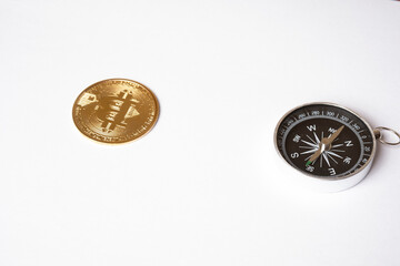 Bitcoin coin on computer background.The concept of investing in bitcoin and cryptocurrency. Cryptocurrency coins bitcoin. The dynamics of bitcoin rates. Trading on the cryptocurrency exchange. 