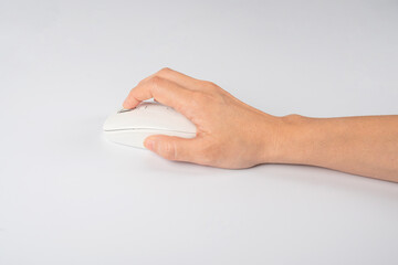 Hand click on modern computer mouse isolated on a white background