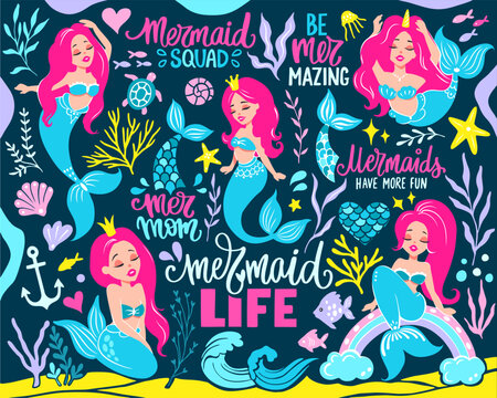 Cute Mermaids Illustrations Vector Collection. Lettering Quotes. Adorable Cartoon Characters. Colorful Kids Clipart
