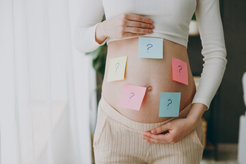 Cropped young pregnant woman wears casual clothes stand near window with question mark stickers on...