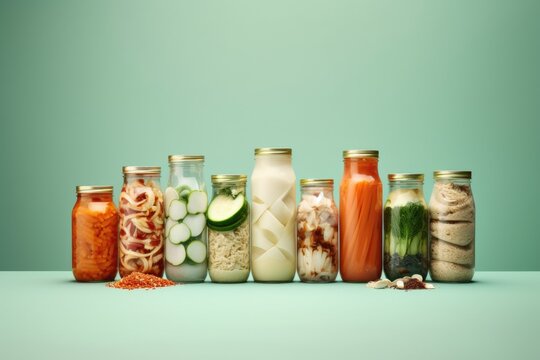 Set of fermented food in jars isolated on green background. Healthy probiotic or prebiotic diet. AI Generated.