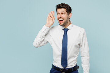 Young employee business man corporate lawyer wears classic formal shirt tie work in office try to...