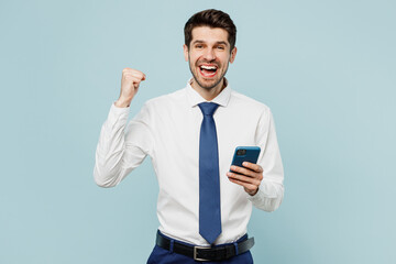 Young employee business man corporate lawyer wear classic formal shirt tie work in office hold in...