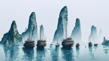 Vintage ships in the sea on a foggy day.