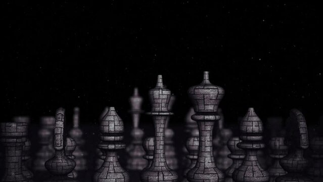 3d chess pieces. Brick and rock chess with patterns. 3d animation of chess pieces.