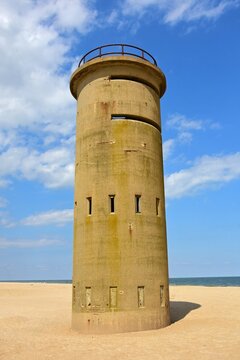 a concrete tower on the beach at cape henlopen state park, lewes,  delaware,  built during World War 2 to monitor the atlantic ocean coastline for enemy ships