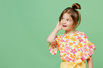 Little nosy child kid girl 6-7 years old wear casual clothes have fun try to hear you overhear...