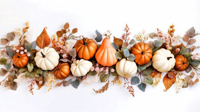 Autumn floral frame. Garland of berry eucalyptus leaves, branches, pumpkins isolated on white table background. Fall, Thanksgiving design. Flat lay, top view.  AI Generative Image