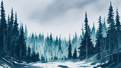 Fototapeta na wymiar Winter forest landscape with fir trees and snowdrifts. Digital illustration.
