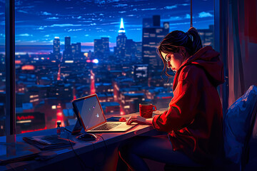 Obraz premium Young woman alone working at home with her laptop. Remote work concept illustration. Generative AI