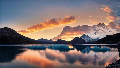  a beatiful sunset with mountains in the background and a lake with glacier water in the foreground , Generative AI © sico