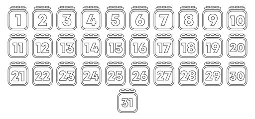 Set of 30 day calendar. Every day calendar icon outline. Vector illustration