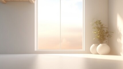 Fototapeta na wymiar White empty room with panoramic window. The golden rays of the sun flood the room with magical light. Vases with tropical plants in the corner of a cozy room. Created with AI.