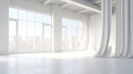 Large white bright empty room with panoramic windows in modern style. Plain white curtains. Space zoning. Created with AI.