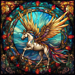 Beautiful stained glass window of a unicorn or winged white horse. Rich glowing colours with sunlight, water and organic floral design. Generative AI