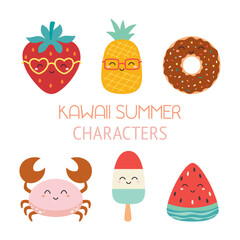 cartoon set of kawaii summer characters isolated