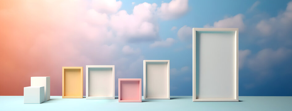 Abstract minimal concept. Pastel multi colour background with empty blank photo frames, abstract clouds landscape. Mock up template for product presentation. copy text space