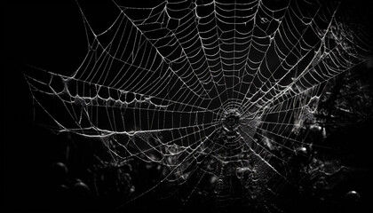 Creepy spider web on black background, Halloween dark background, Generative AI